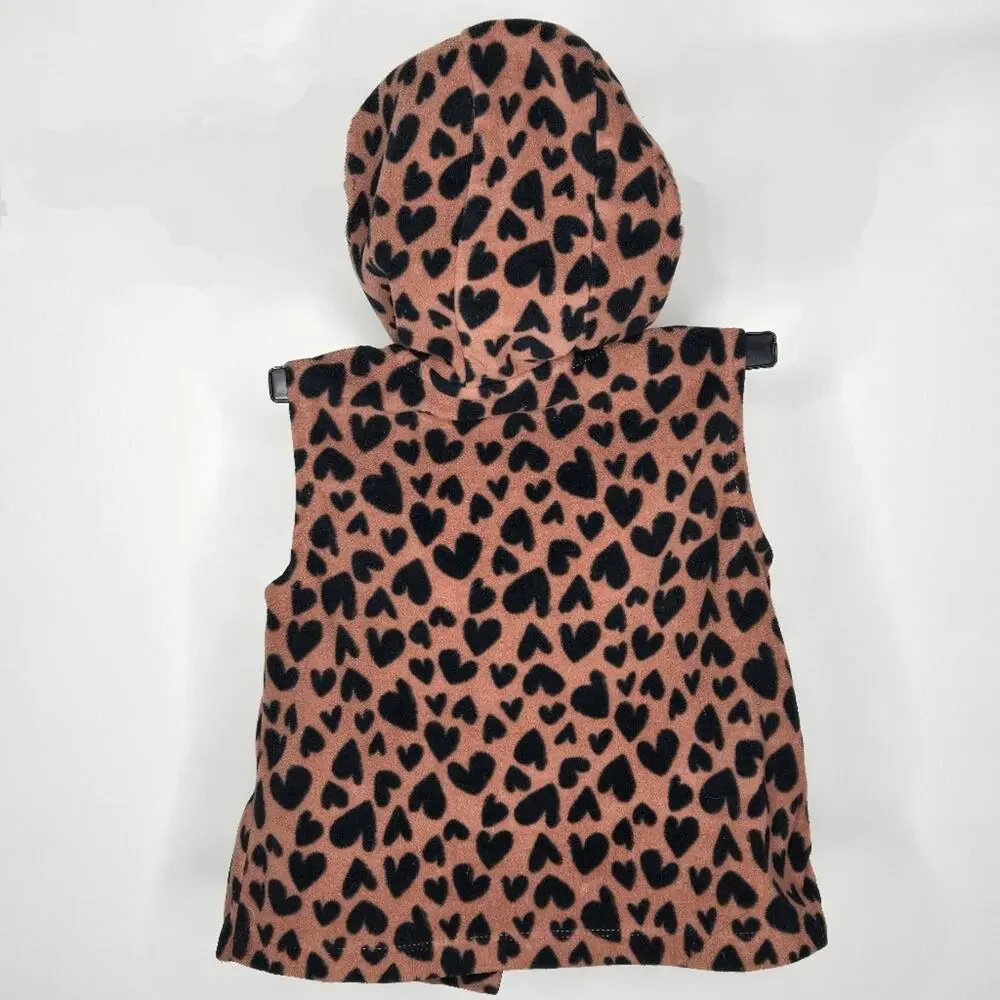 CARTERS Leopard-like Black Heart Print on Brown Fleece Hooded Sleeveless Jacket